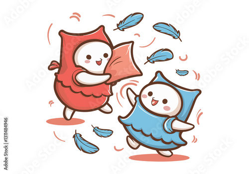 International Pillow Fight Day Vector Illustration | Fun Pillow Battle, Cute Pillow Character, T-Shirt, Poster, Sticker, Social Media Post | Solid Colors, No Gradients