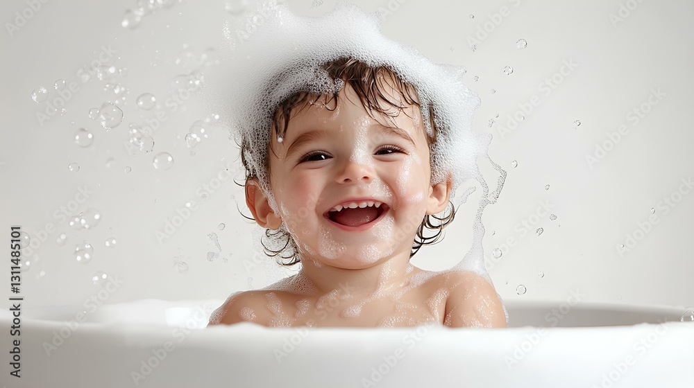 happy and cute child in a bathtub on a white background, with soap bubbles in his hair