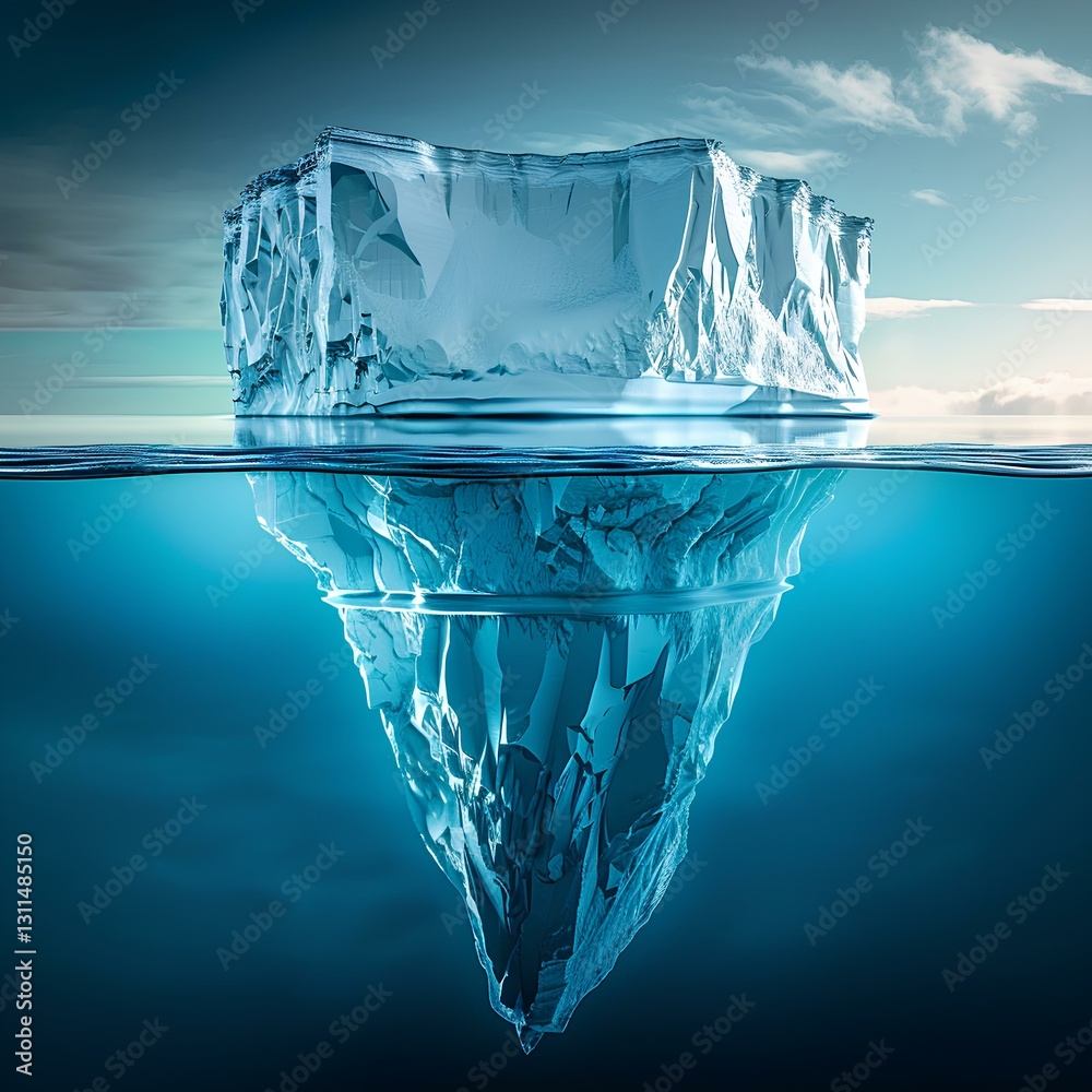 Front view of a floating iceberg in a artic sea, blue sky