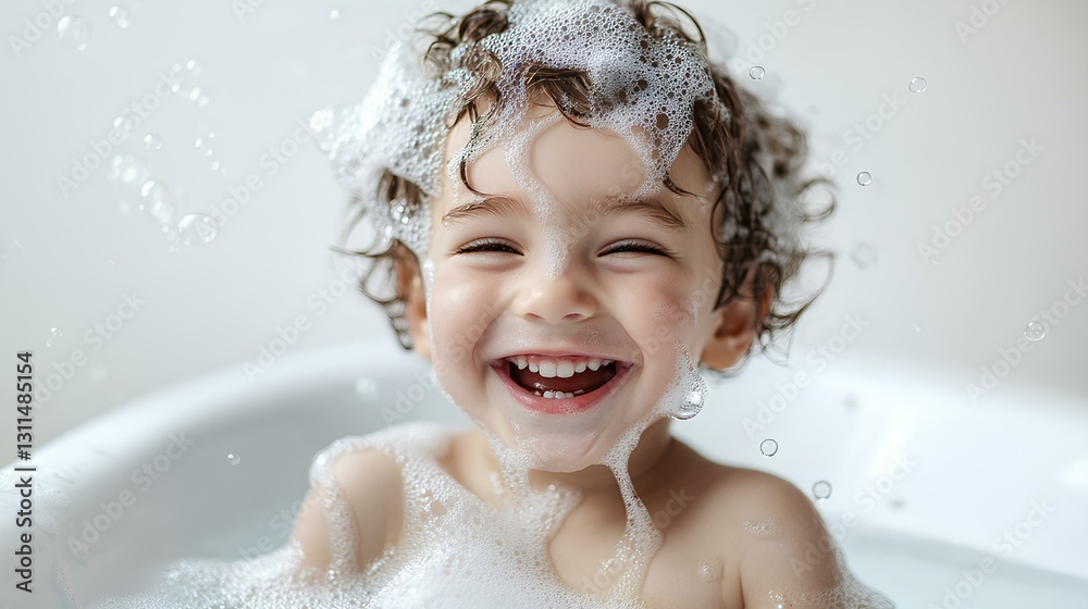 happy and cute child in a bathtub on a white background, with soap bubbles in his hair