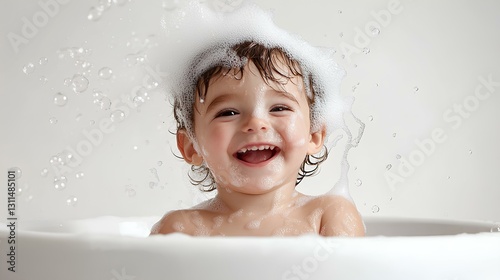 Obraz na płótnie happy and cute child in a bathtub on a white background, with soap bubbles in his hair w salonie