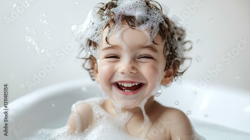 Obraz na płótnie happy and cute child in a bathtub on a white background, with soap bubbles in his hair w salonie