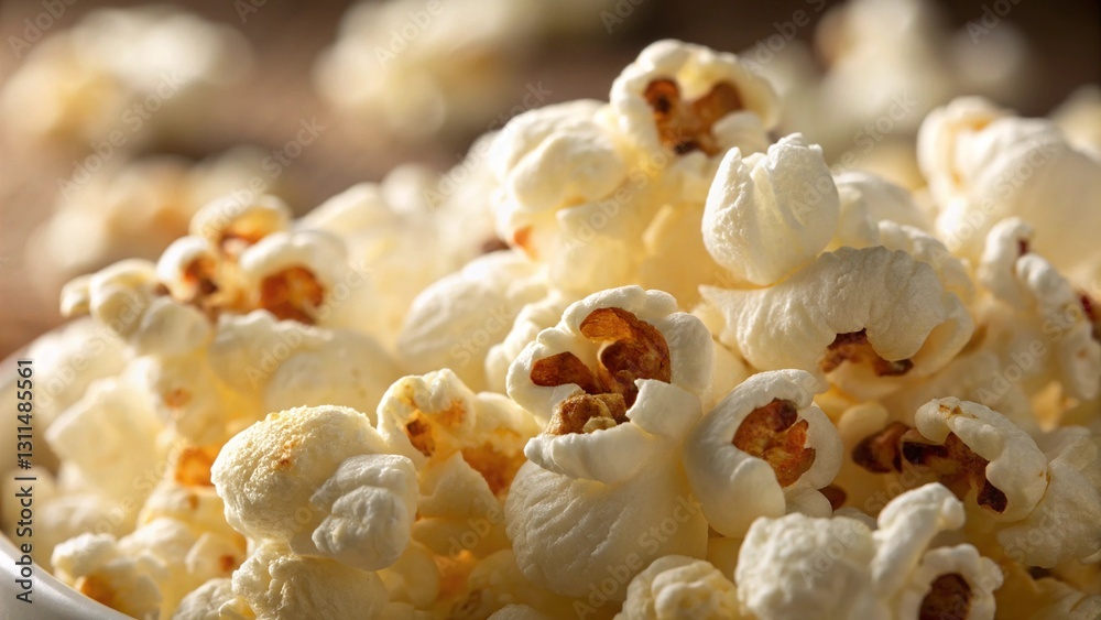 Close-up of freshly popped popcorn, showcasing its light, fluffy texture and golden hues, snack time treat Close-up of freshly popped popcorn, showcasing its light, fluffy texture and golden hues, snack time treat