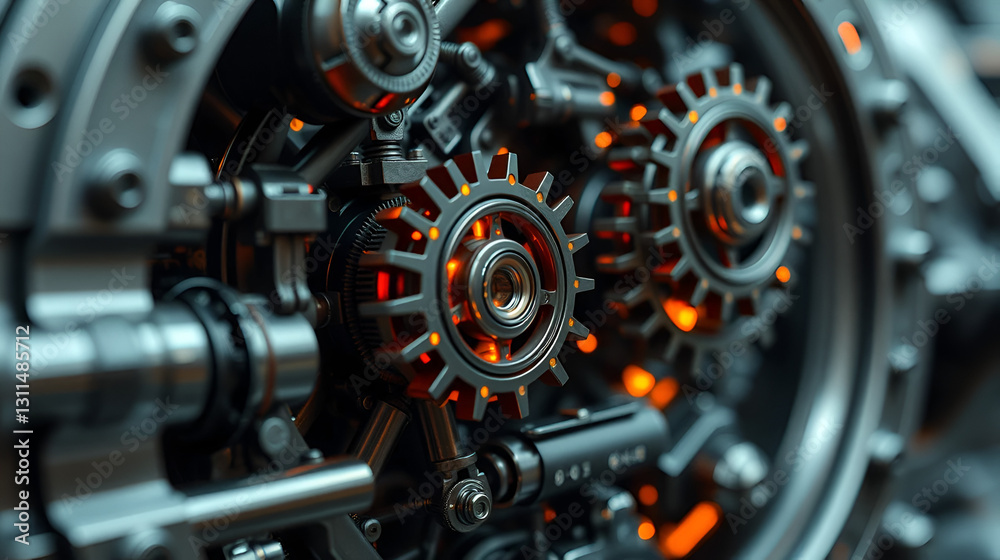 Fototapeta premium Close-up of a complex and intricate mechanical engine with glowing gears and a futuristic aesthetic.