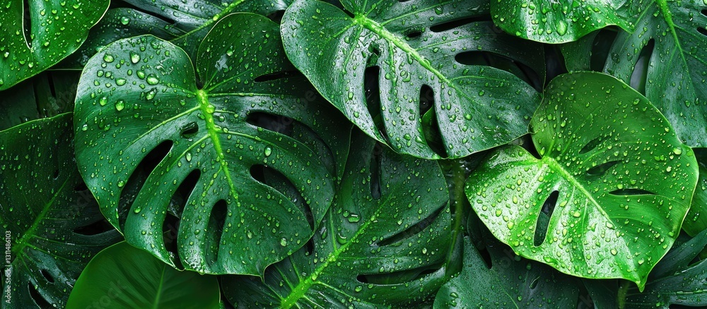 Fototapeta premium Tropical Monstera leaves in rich green hues with verdant tones, layered flat lay, adorned with sparkling raindrops and dew droplets.