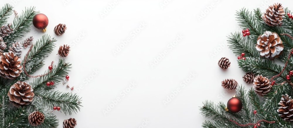 Elegant Christmas decoration featuring frosted pine branches, pine cones, and red baubles arranged symmetrically on the white background with ample copyspace. Elegant Christmas decoration featuring frosted pine branches, pine cones, and red baubles arranged symmetrically on the white background with ample copyspace.