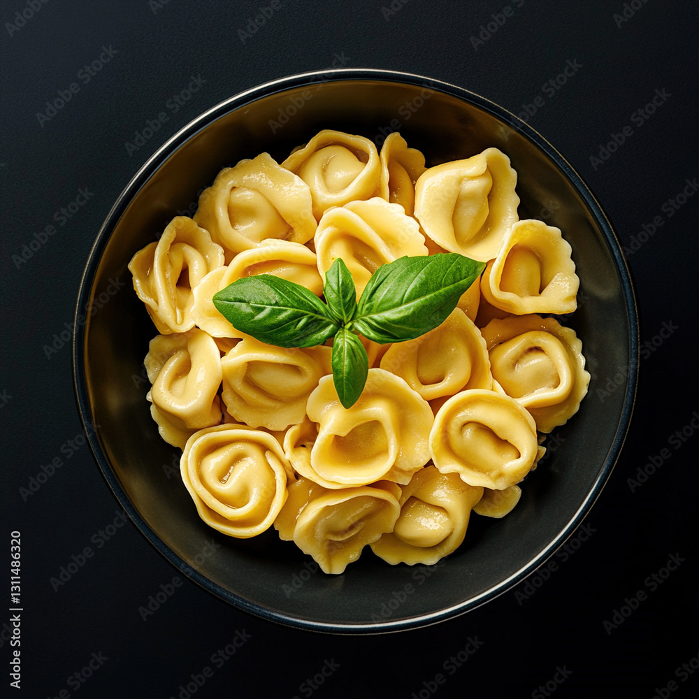 Overhead shot of a bowl of tortellini with fresh basil on a dark background. Overhead shot of a bowl of tortellini with fresh basil on a dark background.