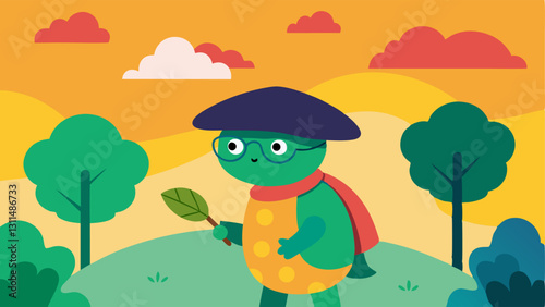 Turtle in the Garden In a bright garden a turtle wearing a stylish green beret works fervently on a canvas propped against a tree. The turtles paintbrush glides across the surface