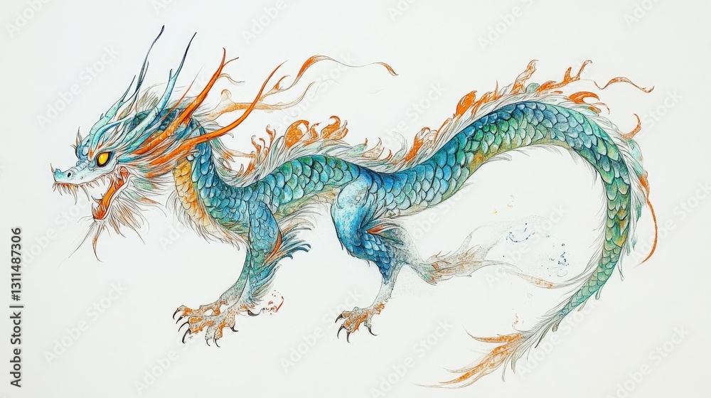 Naklejka premium A majestic blue-and-orange dragon unfurls its wings in dynamic motion, captured in vibrant watercolor strokes. Intricate details and flowing curves imbue life and energy into every scale