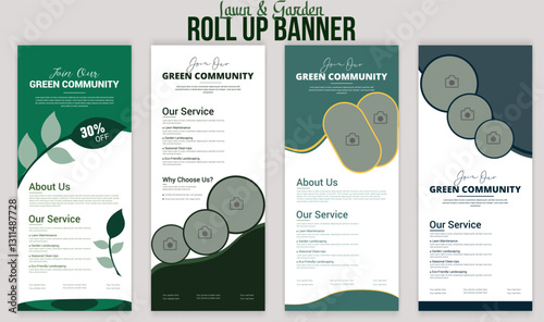 Garden Roll-Up Banner . Lawn Mower Promotion . Gardening & Lawn Care Services .Landscaping, Outdoor Maintenance & Green Space Design . Professional DL Flyer & Rack Card Template