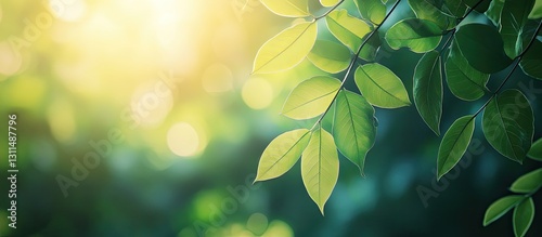 Soft green leaves with sunlight shining through, creating a refreshing, vibrant atmosphere; blurred natural bokeh background of tropical foliage.