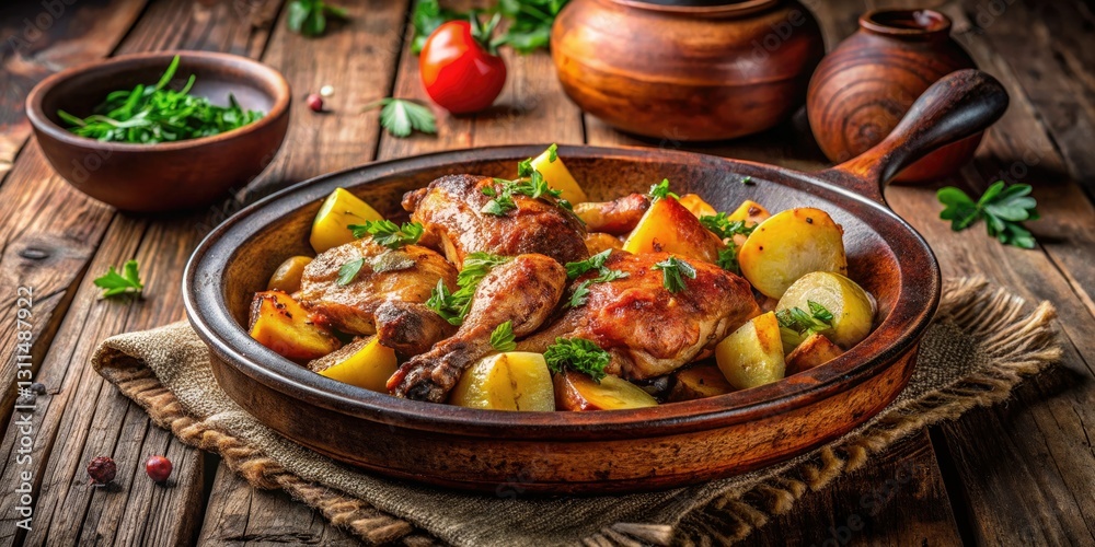 Fototapeta premium Authentic Georgian Ketsi: Clay pot-roasted chicken and potatoes, rustic and flavorful.