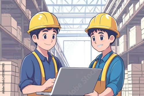 Warehouse Workers Using Laptop Inventory Management System Digital Illustration data online design  