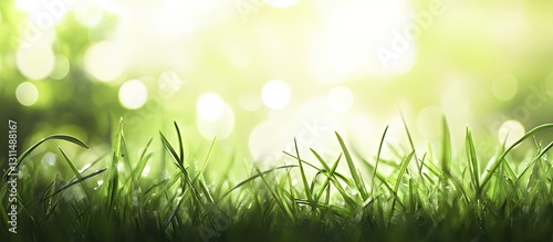 Soft green grass in the foreground with blurred bright bokeh background showcasing spring vibes ideal for eco-friendly brochures and flyers.