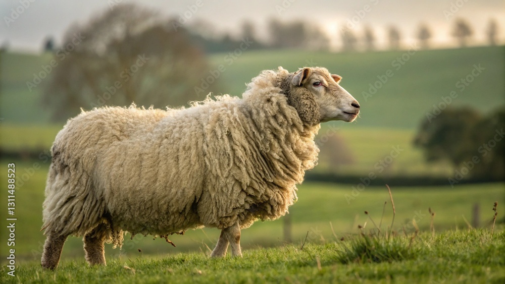 Side profile of a fluffy white sheep standing in a green pasture on a sunny day Side profile of a fluffy white sheep standing in a green pasture on a sunny day