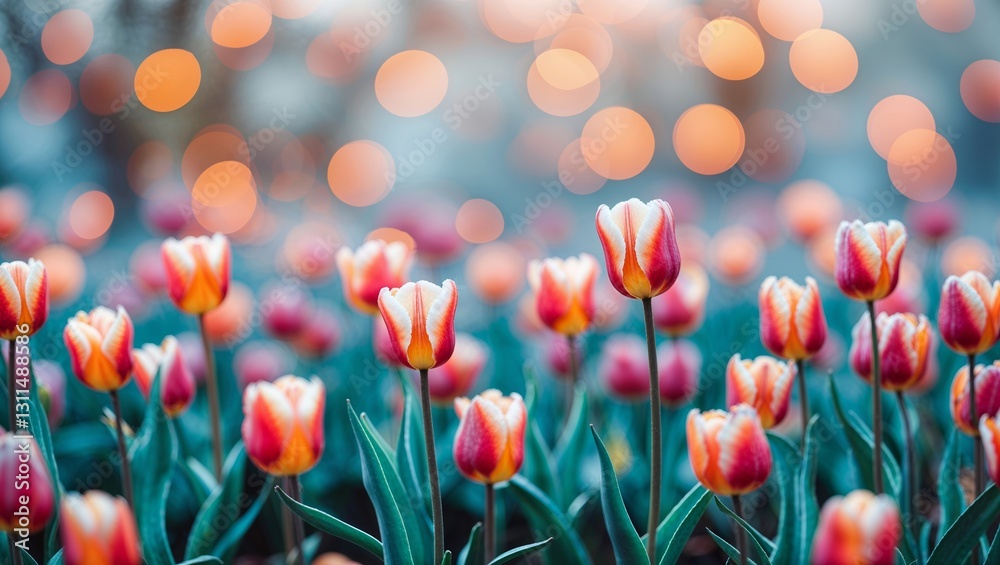 Dreamy tulip garden with bokeh lights in the background, evocative of spring evenings Dreamy tulip garden with bokeh lights in the background, evocative of spring evenings