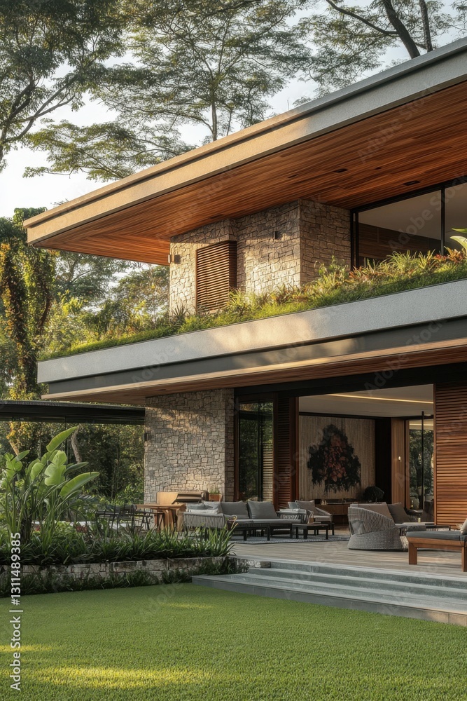Modern architectural design showcases seamless integration of nature with spacious balcony and lush landscaping in a serene residential setting Modern architectural design showcases seamless integration of nature with spacious balcony and lush landscaping in a serene residential setting