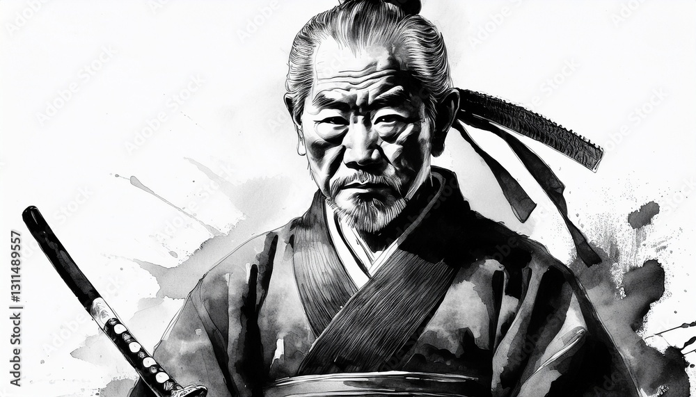 Fototapeta premium 刀を持っている侍の水墨画