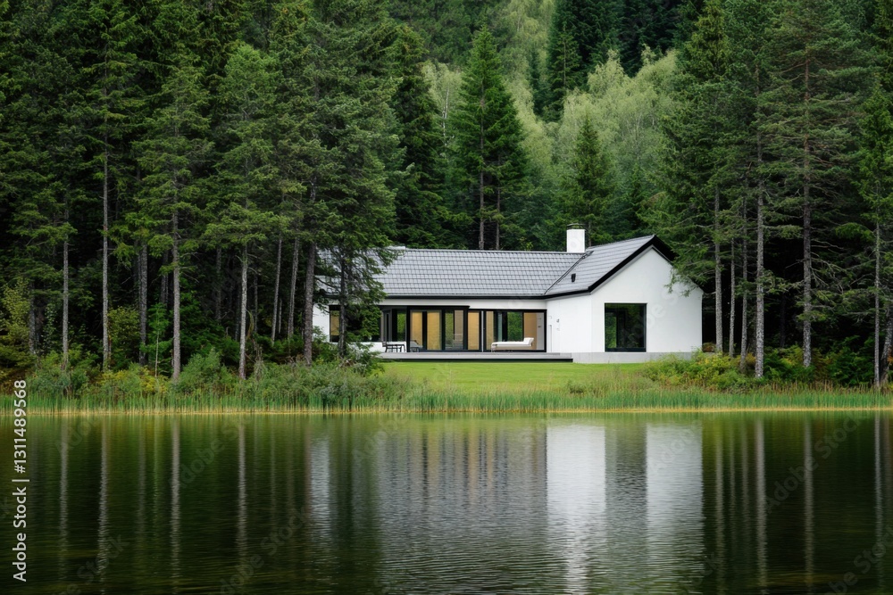 A contemporary white house beautifully reflects on the tranquil waters of a serene lake, encircled by vibrant green trees in a peaceful forest setting A contemporary white house beautifully reflects on the tranquil waters of a serene lake, encircled by vibrant green trees in a peaceful forest setting