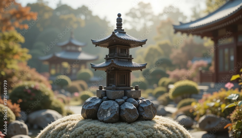 Obraz premium Serene Japanese Garden Pagoda Miniature Tranquil Asian Temple Model in Mossy Rocks