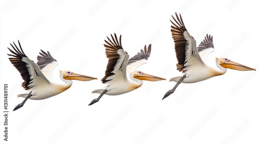 Obraz premium Generic Group Pelicans Scene Coastal Over Lagoon Flying
