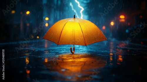 Wallpaper Mural A vibrant yellow umbrella lights up the dark, rainy street amid a thunderstorm Torontodigital.ca