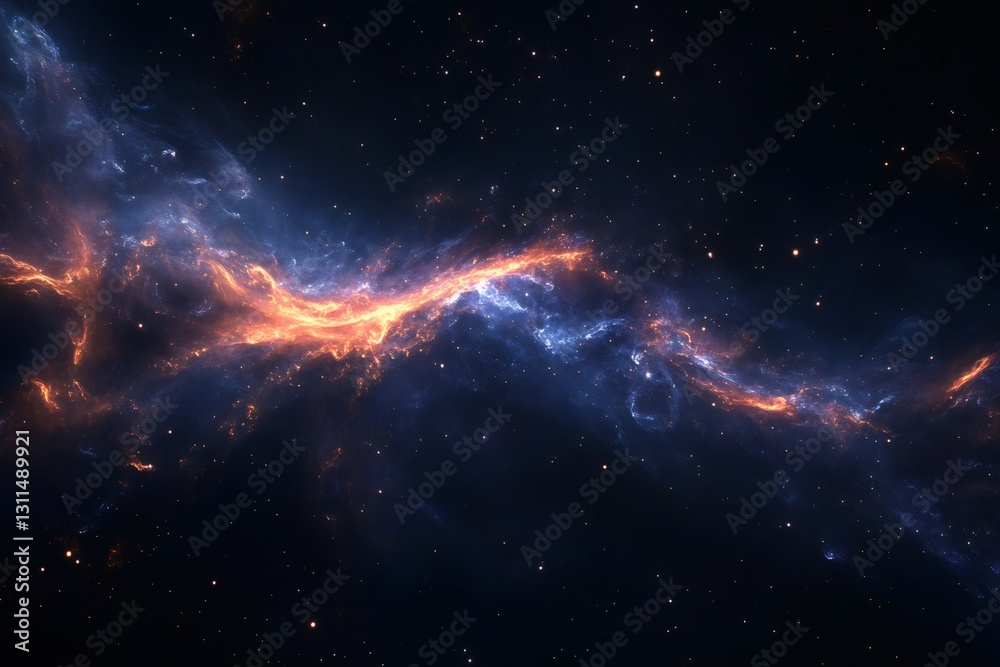 Fototapeta premium Cosmic Firestorm: A breathtaking nebula, swirling with vibrant hues of orange and blue, stretches across the cosmos. Stars twinkle in the inky black background.