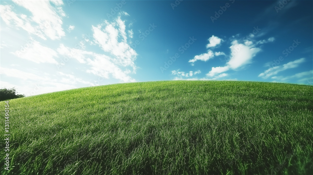 Obraz premium Lush grassy hill under bright blue sky with scattered white clouds. Perfect natural scenery with copy space for text or designs.
