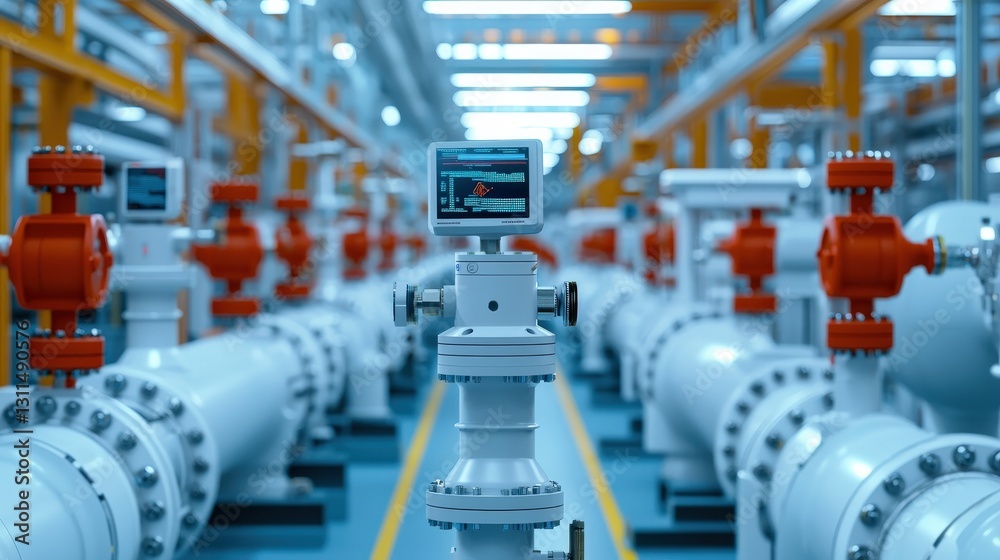 Fototapeta premium maintenance technical efficiency process concept. Industrial facility with pipes and monitoring equipment.