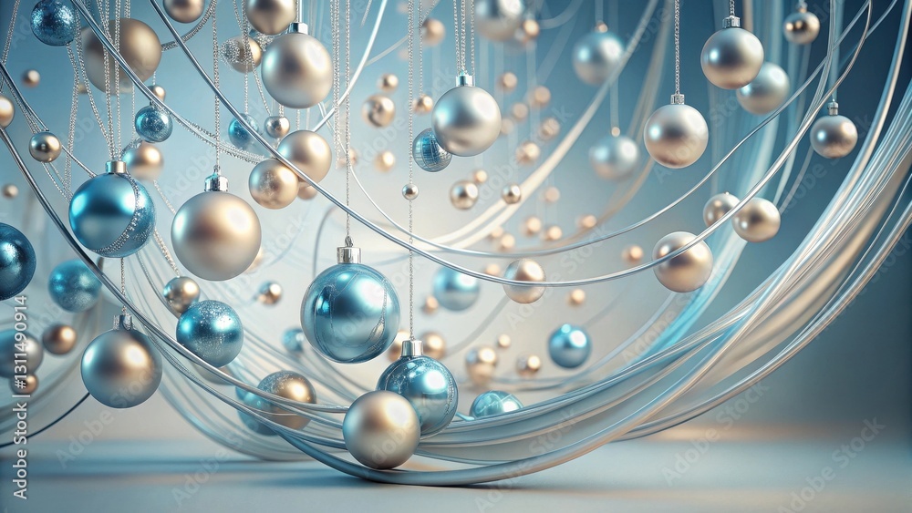 Obraz premium Silver and blue decorative spheres suspended from elegant, flowing metallic ribbons create a mesmerizing winter wonderland scene.