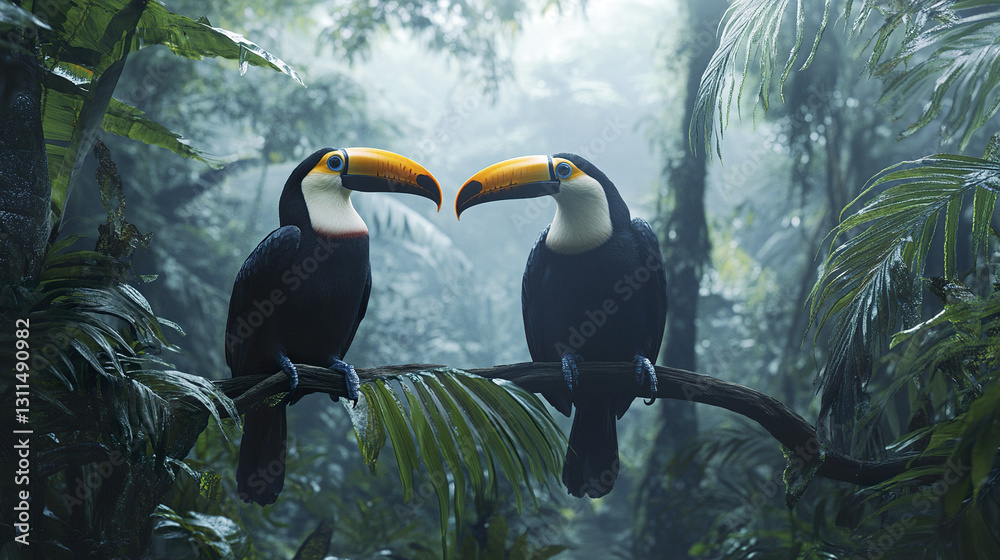 Fototapeta premium Two toucans perched on branch in misty tropical rainforest