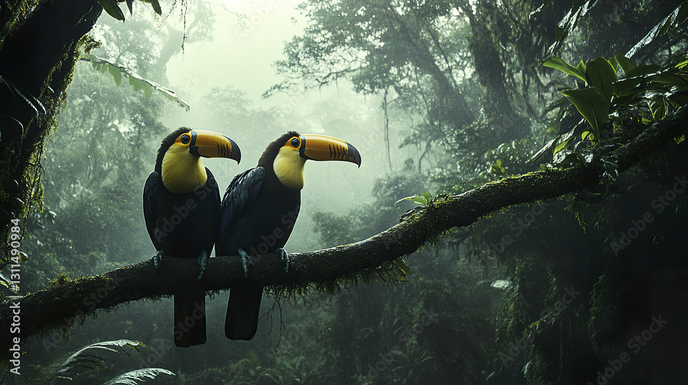 Fototapeta premium Two toucans perched on branch in misty tropical rainforest