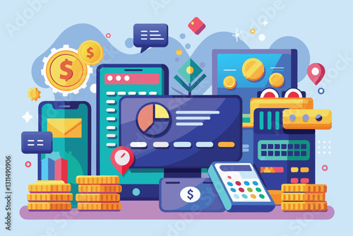 A colorful display of payment processing tools and devices highlighting modern financial transactions, making purchases, payment transactions using bank credit cards