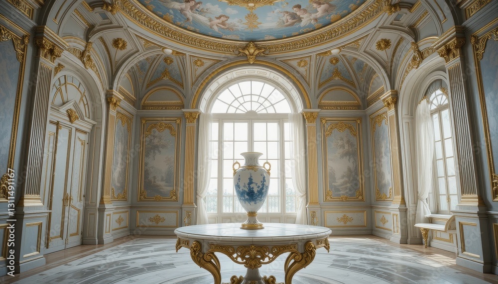Fototapeta premium Elegant Blue and Gold Palace Interior with Ornate Decor and Large Window