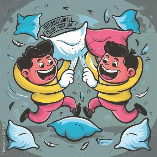 International Pillow Fight Day Vector Illustration | Fun Pillow Battle, T-Shirt Design, Poster, Sticker, Social Media Post, Print Card, Animated GIF | Solid Colors, No Gradients