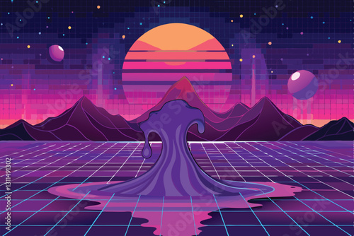 A vibrant purple gradient liquid forms in the foreground with mountains and planets in a dusk landscape, Purple Gradient Digital Background Liquid And Fluid Vector Illustration