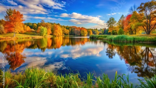 Autumnal Serenity A Picturesque Lake Reflecting Vibrant Fall Foliage Under a Sky of Blue and White Clouds