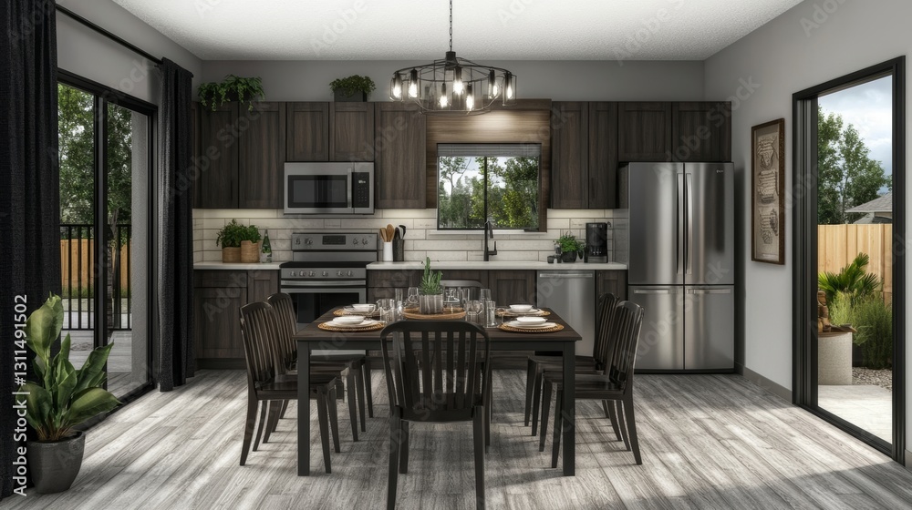 Fototapeta premium Modern dining room with table, chairs, kitchen, and outdoor view