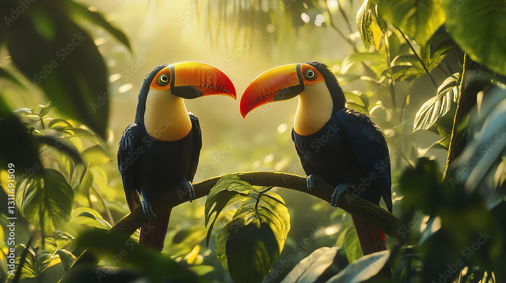 Fototapeta premium Two exotic toucans perched on vine in lush jungle setting