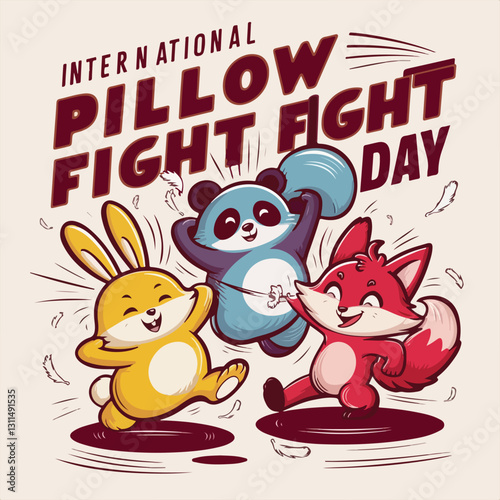 International Pillow Fight Day Vector Illustration | Fun Pillow Battle, T-Shirt Design, Poster, Sticker, Social Media Post, Print Card, Animated GIF | Solid Colors, No Gradients