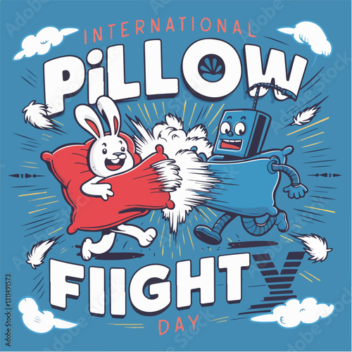 International Pillow Fight Day Vector Illustration | Fun Pillow Battle, T-Shirt Design, Poster, Sticker, Social Media Post, Print Card, Animated GIF | Solid Colors, No Gradients