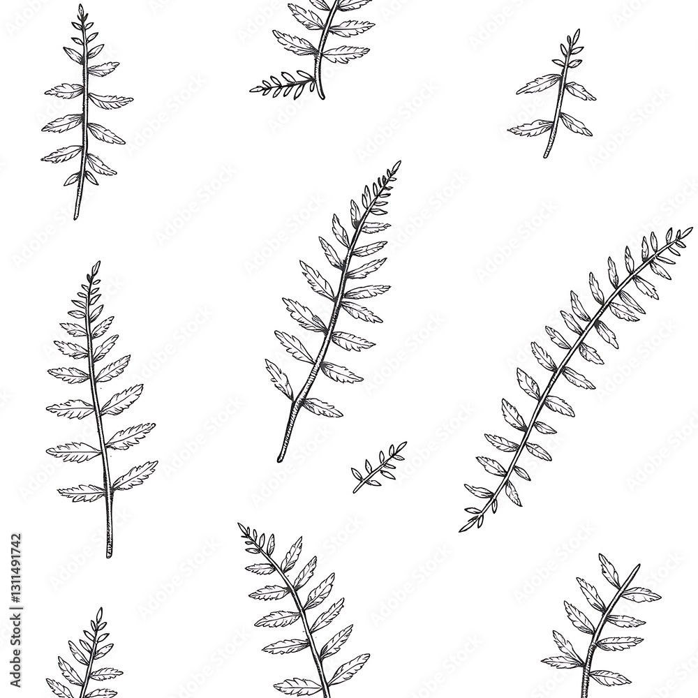 Obraz premium Botanical pattern of Ferns: A seamless pattern featuring detailed illustrations of various fern fronds, offering a timeless and elegant botanical design for textile and graphic applications.