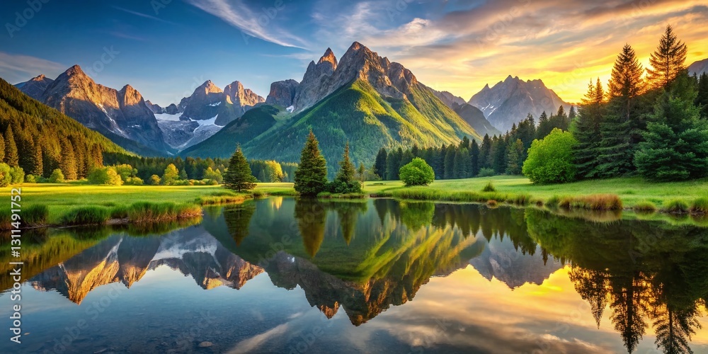 Obraz premium Serene Mountain Reflection: Calm Pond, Lush Green Fields, Stunning Peak Panorama