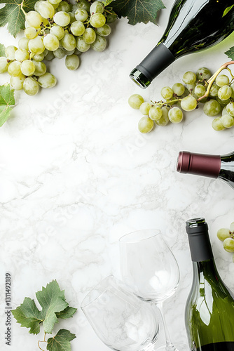 Overhead shot of wine bottles, wine glasses, and green grapes on a marble background.