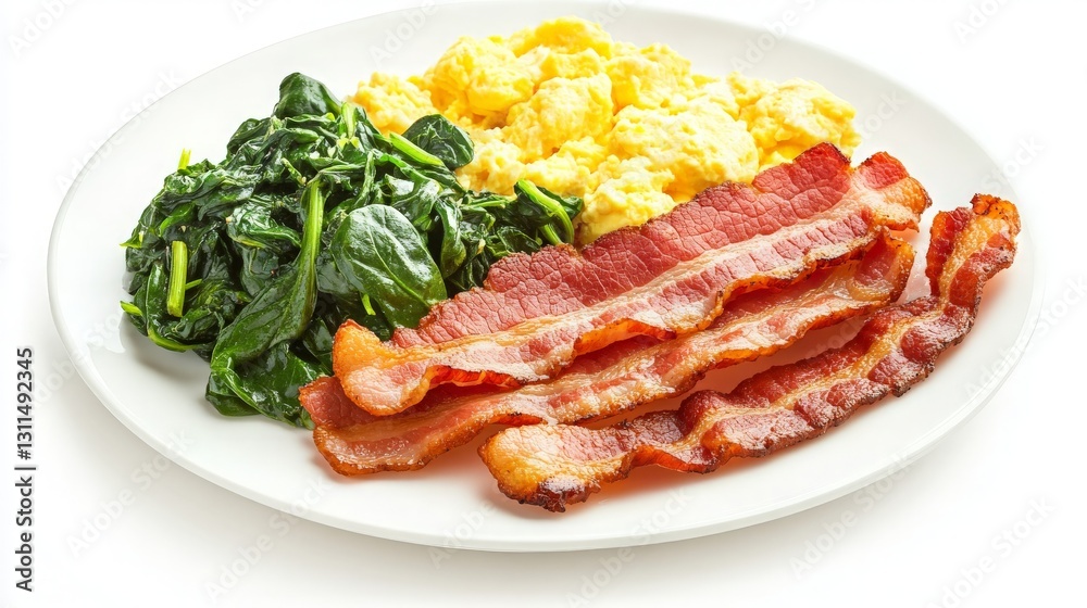 A Mouthwatering Plate of Breakfast Featuring Crispy Bacon, Fluffy Scrambled Eggs, and Fresh Spinach - The Perfect Start to Your Day A Mouthwatering Plate of Breakfast Featuring Crispy Bacon, Fluffy Scrambled Eggs, and Fresh Spinach - The Perfect Start to Your Day