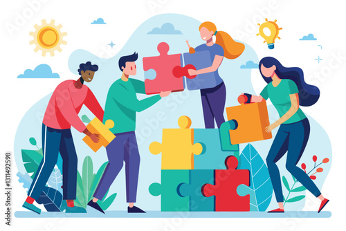 Friends collaborate to complete a vibrant jigsaw puzzle, enjoying teamwork and creativity outdoors, Putting together jigsaw puzzle isolated, Teamwork, partnership