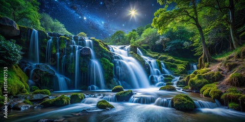 Serene Nightfall: Small Waterfall Cascading Under Starlit Sky - Stock Photo