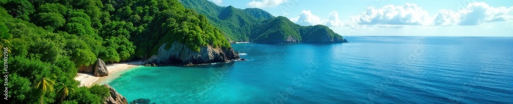 Emerald canopy meets sapphire sea; dramatic coastline , beauty, drone Emerald canopy meets sapphire sea; dramatic coastline , beauty, drone