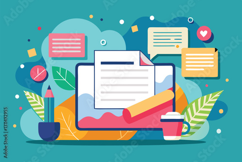 A vibrant workspace featuring a laptop, notes, and coffee, surrounded by colorful shapes and plants, Put Your Content under Background