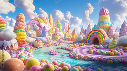  vibrant and whimsical render of a sugary candy land landscape, candy, sweets, rainbow, fantasy, colors, dessert, sugar. 